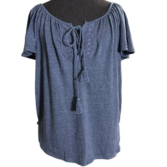 Max Studio Women s Large Blue Peasant Blouse Lace Up Crochet Boho - Picture 1 of 8